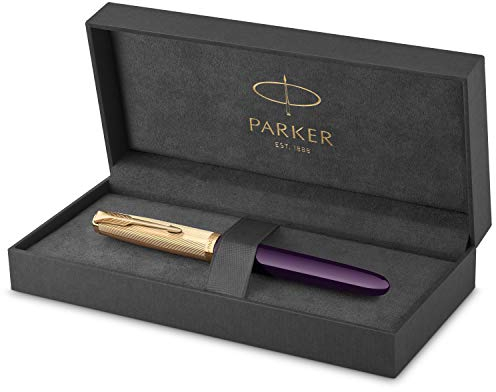 Parker 51 Fountain Pen | Deluxe Plum Barrel with Gold Trim | Medium 18k Gold Nib with Black Ink Cartridge | Gift Box