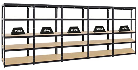 PROREGAL Mega Deal 5er-Set Schwerlastregale Slim Elephant 180x90x60cm mit 5 Ebenen Fachlast 350kg Schwarz