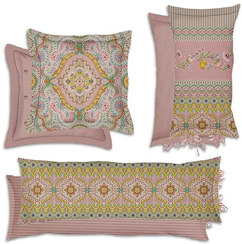 Pip Studio Dekokissen Majorelle Carpet Pink Blumen Blüten Wendeoptik Geblümt Streifen Gestreift Rosa Perkal Zierkissen, Größe:30 x 90 cm