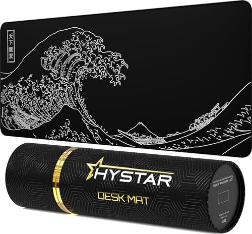 Hystar Gaming Mouse Pad, Soft Textured Cloth Surface, Water Resistant Fabric, 5mm Thick, Bonus Silicone Drink Coaster, Durable Box for Transport, The Great Wave Design (Black)