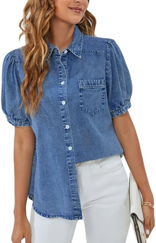 BMJL Womens Denim Shirt Business Casual Button Down Work Blouses Puff Sleeve Summer Tops Blue