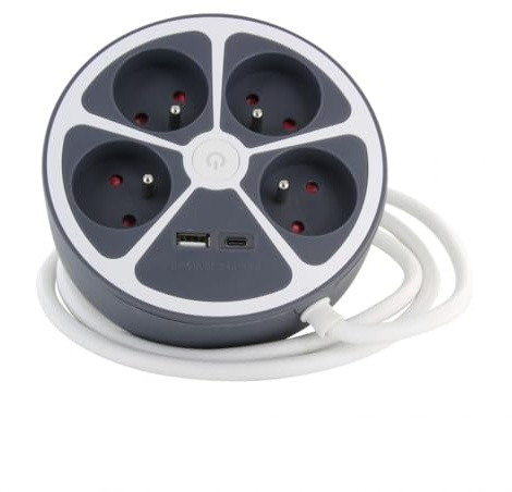 CHACON Multiprise Design Circulaire 4X16 A Cordon 1 5m avec 1xUSB-A et 1xUSB-C + Interrupteur