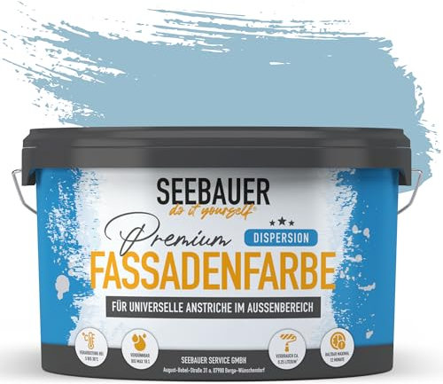 SEEBAUER diy Universal-Fassadenfarbe Blau 5L für Außen (No. 815 Blue Ridge) Hoch deckende Fassadenfarbe mit Wetterschutz - Geeignet für Putz, Mauerwerk und Beton