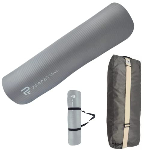 PERPETUAL® Kit Esterilla de Yoga y Pilates de 10mm + Bolsa de Transporte - Mat Antideslizante - Con Correa - Colchoneta Gruesa y Plegable - Hombre/Mujer - Gimnasia, Fitness y Ejercicios (Gris)