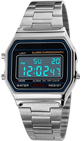 DaMohony Digitaluhr für Herren, Erwachsene Digital Quarz Uhr Mit Edelstahlband, Digitale Sportuhr, wasserdichte Elektronische LED-Armbanduhr, Lässige Armbanduhren mit EL-Hintergrundbeleuchtung