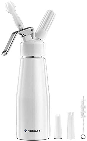 Forgast Dispensador de Nata Montada | Capacidad 0,5 litros | 3 Boquillas | 1 Cepillo Limpiador | Blanco | Sifón Profesional para Nata Montada | Aluminio | para Preparar Nata, Mousse