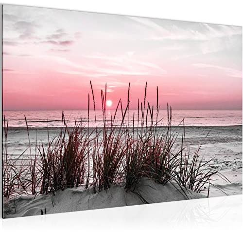 Runa Art Bild Strand Sonnenuntergang Modern Wandbilder Wohnzimmer 1 Teilig - Made In Germany - Meer Natur Grau Rosa Flur 043715b