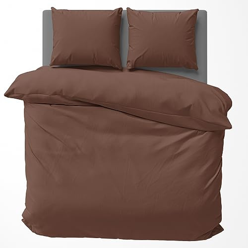 Visaggio Baumwolle Bettwäsche 200x200 + 2X(80x80) cm Einfarbige Bettbezug Garnitur Schlafzimmer Set Braun