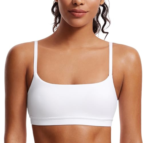 CRZ YOGA Butterluxe Adjustable Spaghetti Strap Sports Bras for Women - Scoop Neck Wireless Padded Yoga Workout Crop Top White Small