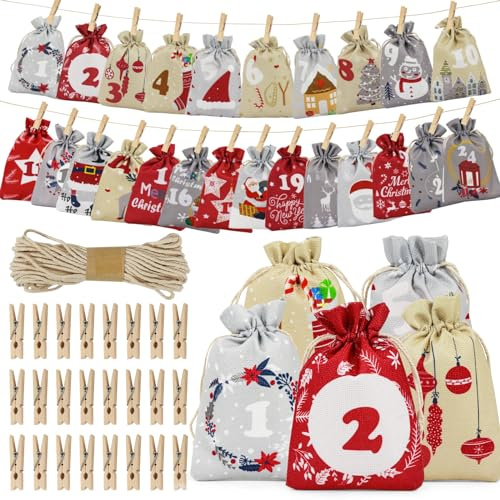 Coicok 24 pièces Calendrier de l'avent vide a remplir 2025, Sac pour calendrier de l'avent sachets en tissu, Avec 24 pinces et 10m de corde