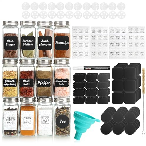 com-four® 12 barattoli di spezie con accessori: controllo delle spezie in vetro 120 ml, accessori per irrigatori, pennello, imbuto, etichette, penna (12 bicchieri con accessori)