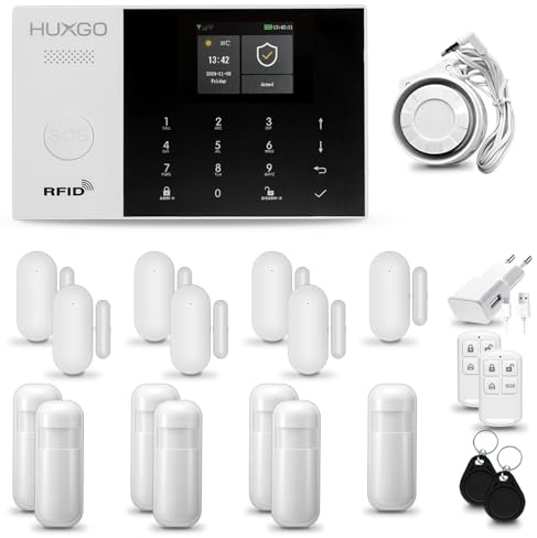 HUXGO® HXA005 Alarmanlage fürs Haus WiFi + GSM Set mit Sirene | Funk Alarmanlage Wohnung mit App. TUYA |Alarm System mit 7X Bewegungssensor, 7X Fensteralarm/Türsensoren | Smart Home