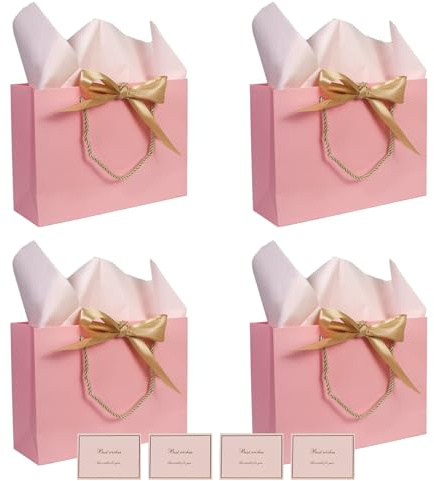 TAIXING 4 Stück Geschenktüten, Geschenktüte Groß mit Schleifenbändern und Taschentuch, Gift Bag Geschenktaschen mit Henkel für Geburtstag Weihnachten Hochzeit Neujahr Festivalfeier(Rosa)
