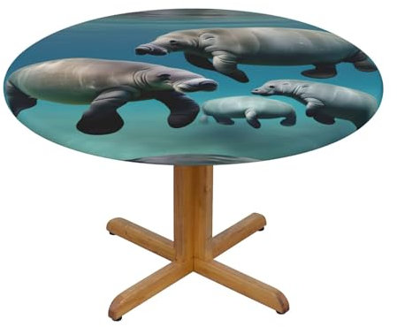 SSGVLPTO Runde Tischdecke mit Seekuh-Tiermuster, runde Picknickdecke, elastischer Stoff
