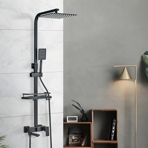TVTIUO Columna de Ducha con Cabezal de Ducha Cuadrado，Altura Ajustable, Columna de Ducha de Bañera con Estante, Cabezal de Ducha de Lluvia de 10, Negro（25x25cm）