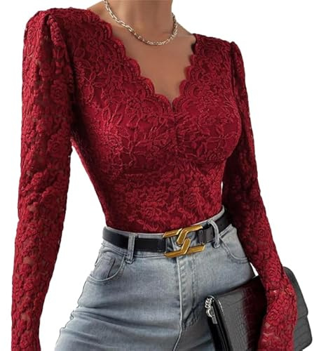 SHEKINI Body da donna in pizzo trasparente elegante body con scollo a V top con bordi smerlati maglietta sottile