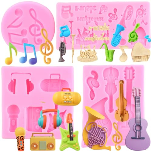 RFGHAC Music Note Fondant Mould Disco Boombox Microphone Radio Silicone Musical Candy Mould Guitar Chocolate Mould for Cake Decorating Cupcake Topper Polymer Clay Gum Paste Set of 4