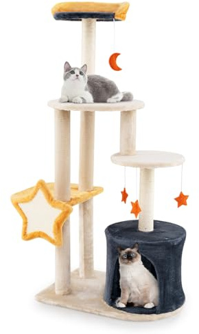 COSTWAY Kratzbaum, Katzenbaum mit Katzenhöhle & Plüschsitzfläche & Spielzeug & Spielzeug & Platformen, Katzenkratzbaum, Stern- und Mondserie, Katzen Katzenmöbel, Aktivitätsbaum Kletterbaum Spielbaum