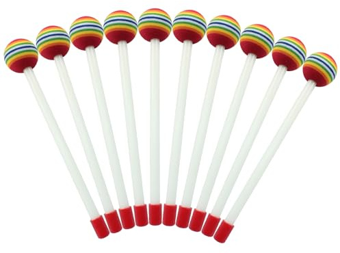 Dijedev Lot de 10 baguettes de batterie en feutre en forme de sucette - Maillets de timbales de 21,1 cm - Tête en mousse souple - Baguettes de percussion en plastique arc-en-ciel pour adultes
