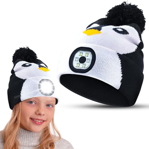 Mütze mit LED Licht Kinder,Haube mit Licht LED-Licht-Strickmütze USB-Wiederaufladbare Wintermütze Kinder Weihnachten Mütze mit LED Jungen Mädchen Warme Stirnlampe Geschenk Geburtstags 3 Lichtmodi