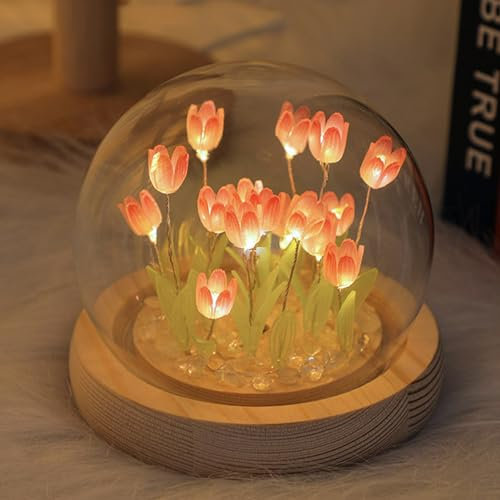 Tulip Lamp DIY Tulip Night Light Tulip Lamp with Glass Cover, Battery Operated Atmosphere Night Light, Gifts for Women Unique, Elegant Bedside Lamp for Room Bedroom Decoration (20 Pink Flowers)