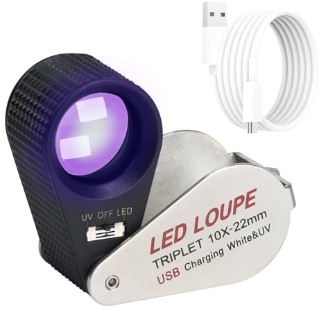 Beleuchtete Juwelierlupe 10x, Wiederaufladbare Juwelierlupe Faltbare Schmucklupe LED-Lupe Triplet mit 6 LEDs & UV-Licht für Edelsteine, Schmuck, Münzen, Briefmarken, etc