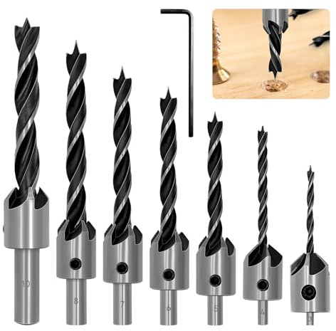 NVGFTG 7 Pezzi Punta da Trapano Svasatore in Acciaio, Punta da Taglio Smusso Lavorazione Legno 3, 4, 5, 6, 7, 8, 10 mm, Fresa per Svasatura con Chiave Esagonale Strumento di Svasatura per Legno
