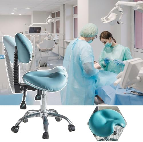 Sattelstuhl für Zahnhygiene mit Rückenlehne, Blauer ergonomischer Sattelhocker 23 24 25 Zoll höhenverstellbar, 360° drehbarer Rollhocker mit Komfortsitz