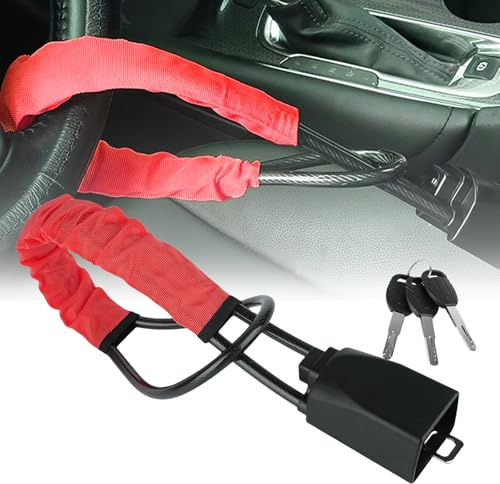 Steering Wheel Lock, Anti-Theft High Visibility Car Cut Resistant, Universal Fit Steering Wheel to Seat Belt Lock for Cars, SUVs, Vans, Golf Carts, Trucks, 3 Keys, Red