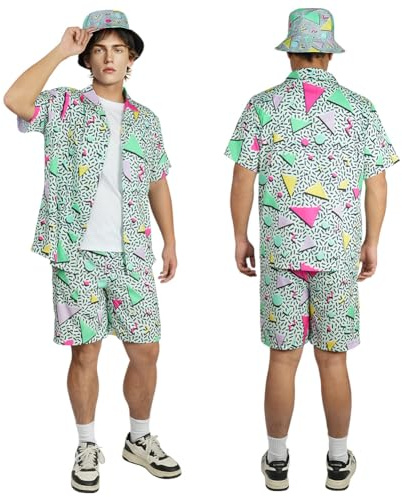 AYBUY Deguisement Année 80 90 Homme Femme, Costume Rétro Manches Courtes et Shorts avec Chapeau de Pêcheur Déguisement Disco pour Carnaval, Soirée Deguise, M