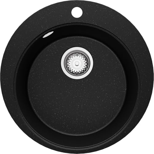 PRIMAGRAN Evier Cuisine en Granit au Meuble 45cm + Kit de Vidage, 50x50cm | Set: Kit de Vidage (Siphon, bonde d’évacuation, trop-plein) + Lavabo 1 Bac - Pise, Noir Métallisé