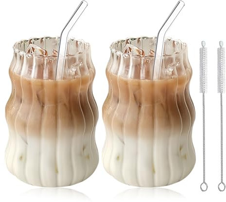 BORDEAG 2pcs Vasos De Agua Ondulados, Tazas De Café Tazas De Espresso Vidrio Vasos De Bebida Con 2 Pajas, 2 Cepillo De Paja, Para Café Té Cappuccino Con Leche Cerveza Expresso 530ml