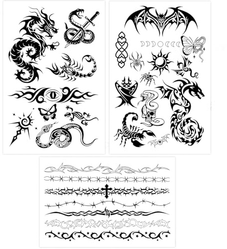 sulanmo Tattoo Temporaire Halloween, Tatouage Ephemere Autocollant Noir, Tatouages Faux Impermeables Homme Femme, Faux Tatouages pour Halloween Cosplay Maquillage