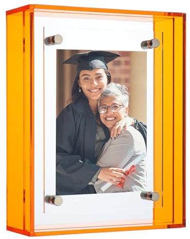 sourcing map 3x4 Inch Acrylic Picture Frame, Floating Picture Frames for Wall or Tabletop Display, Hanging Photo Frame Stand for Office Home, Orange