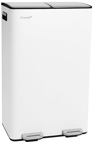 Crystals 60 L Dual‑Compartment Pedal Recycling Bin – Kitchen Rubbish & Recycling 2 in 1 S/Steel Pedal Bin with Removable Inner Buckets – Hands‑Free Step, Soft‑Close Lids & Non‑Slip Base (White)