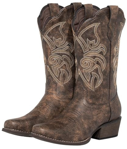 J's.o.l.e Ladies Cowgirl Cowboy Boots for Women Square Toe Mid Wide Calf Western Fashion Brown Boots UK 6