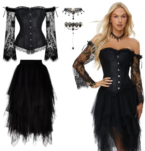 Joellfuner Corsetto e Gonna Tulle da Donna, Halloween Bustier Costume, Gotico Vestito con Il Manicotto Nero 80s per Halloween Carnevale Cosplay Festa (Lungo, M)