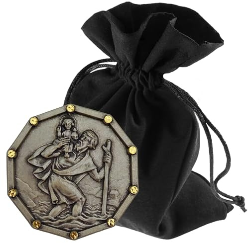 LUNEXUS Imán para Coche de San Cristóbal de 3,0 cm de diámetro, Placa de octágono con Remaches Dorados, Bendito, Almohadilla Adhesiva e imán, San Cristóbal patrón de automovilista, Amuleto de la