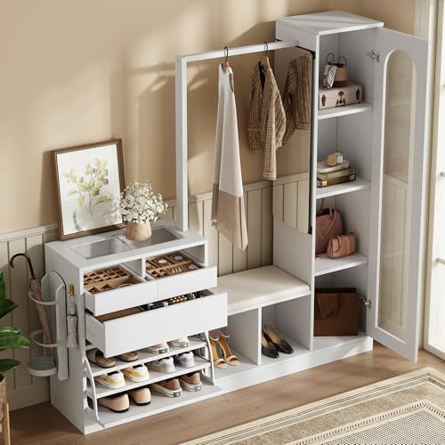Oslghy Garderobenset Wandgarderobe, 6-in-1 Garderoben Set mit Spiegel und LED, Garderobenständer mit Kleiderstange, Schirmständer und Sitzkissen, Flurgarderobe Set mit Klappschuhschrank, 135x25x180cm