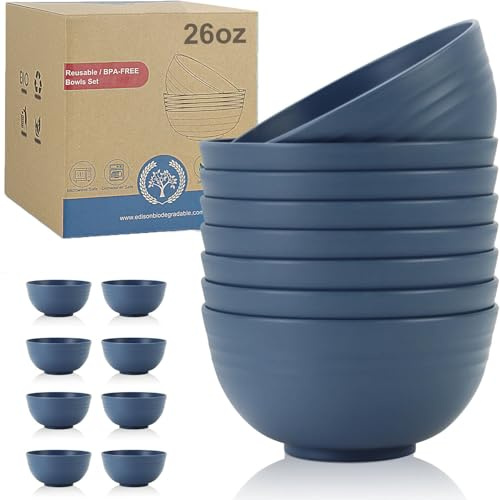 Wrova Plastic Bowl Sets 8 PCS Unbreakable Cereal Bowls 26 OZ, Microwave and Dishwasher Safe Bowls Kitchen Bowl Suitable for Cereal, Salad and Ramen - Blue