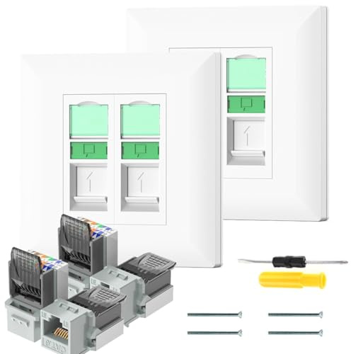 Acmerota RJ45 Socket Cat6A Ethernet Wall Socket Double Port Faceplate Flat Wall Plate Ethernet RJ45 LAN Cable Faceplate Networking Port Face Plate Dual-Pass Socket Box, with Tool Free Modular