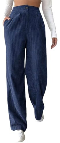 Qmerlimui Pantalon Femme en Velours côtelé Taille Haute Extensible Coupe Ample Jambes Larges avec Poches