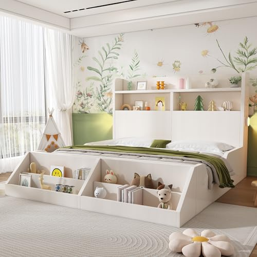 Mrwoo Holzbett Doppelbett 140x200 cm, Kinderbett Stauraumbett mit Offenes Regal und Bücherregal, Kopfteil mit Stauraum, für Gästezimmer/Jugendzimmer/Wohnungen, Weiß (Ohne Matratze)