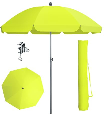 PHI VILLA Parasol réglable en hauteur de 175 à 220 cm avec housse et pince - Parasol de plage inclinable - Résistant au vent - Stable à emporter - Protection UV50+ - Pour balcon, plage, balustrade de