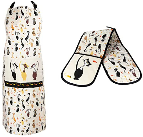SPOTTED DOG GIFT COMPANY 2 Piece Kitchen Textiles Set - Black Cat Apron & Double Oven Gloves, 100% Cotton, Cute Animal Themed Kitchen Accessories for Cooking & Baking, Gifts for Cat Lovers