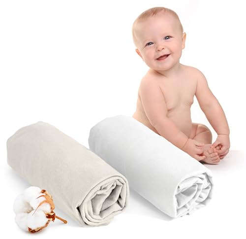 Dreamzie Juego de 2 Sabanas Cuna 60x120 Algodon Ajustables - Oeko Tex Certificado - Blanco Y Beige - Sabana Bajera Cuna 60x120 Algodon 100% Jersey