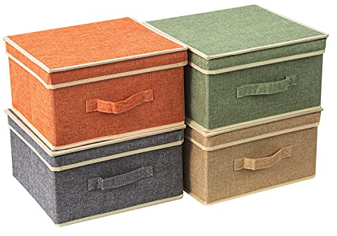 BrilliantJo Storage Boxes with Lid, Foldable Clothing Storage Basket case with Handle for Closet, Bedroom, Home, 33.5L x 31.75W x 17.5H(cm) 4 mixed colors A