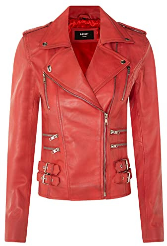 Infinity Leather Chaqueta Motera Rojo Retro 100% Cuero Napa Para Mujer 5XL