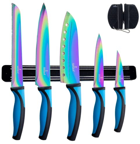 SiliSlick Kitchen Knife Set, Titanium Coated Stainless Steel Colorful Blades, Chef, Bread, Santoku Utility & Paring Knives, Magnetic Mounting Rack & Portable Sharpener