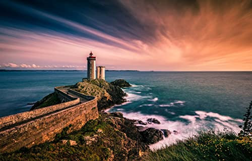 LHJOYSP Geschenk Kind mädchen 3D Puzzle 1000 Teile,Naturschönheiten,Meer,Sonnenuntergang,Küste,Frankreich,Leuchtturm,Bretagne,75x50cm